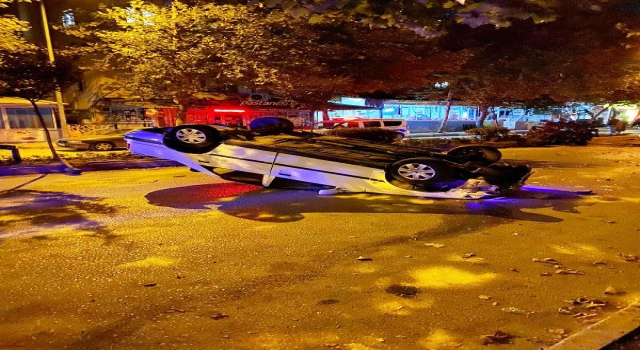 Kasise hızlı giren araç ters döndü: 1 yaralı