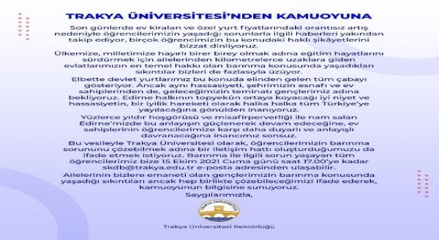 Trakya Üniversitesi’nden özel yurt ücreti ve ev kiralarına karşı ‘duyarlılık’ çağrısı